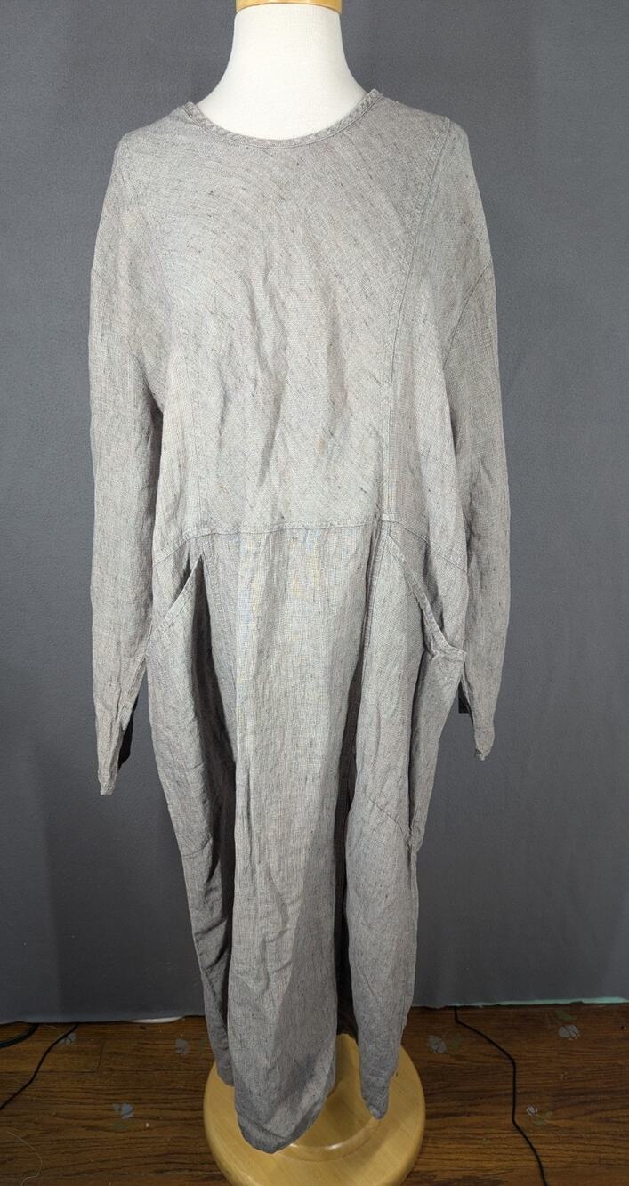 FLAX Jeanne Engelhart Dress Large Pockets Roll Tab Sleeves 100% Linen